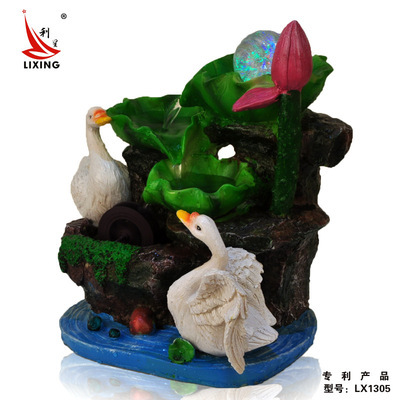 【LX1305流水噴泉加濕器工藝品擺設家居裝飾擺件 雙天鵝荷花流水】價格,廠家,圖片,塑料、樹脂工藝品,藝婷精品-
